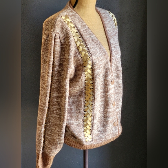 Nina Austin Vtg 80s Silk Blend Cardigan with gold ribbon accents medium - Picture 2 of 10